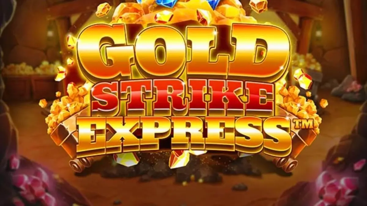 Tampilan visual permainan slot Gold Strike Express dengan tema pertambangan emas.