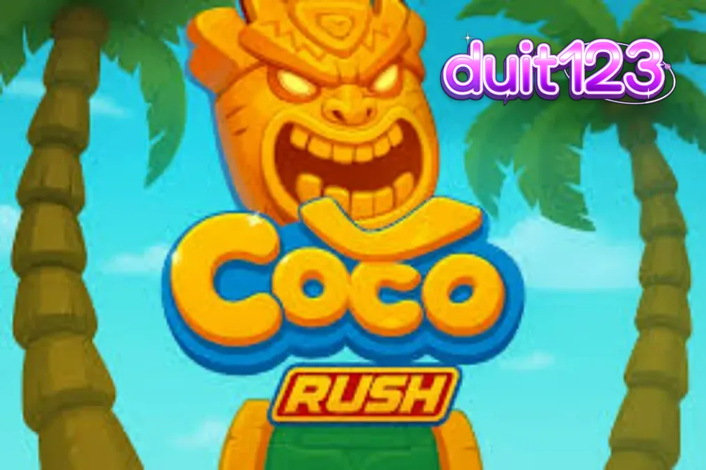Pemandangan tropis yang cerah dengan simbol-simbol permainan Coco Rush yang berkilauan di bawah sinar matahari.